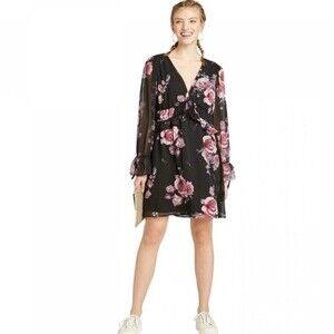 Long bell sleeve black and pink ruffle vneck floral dress size small